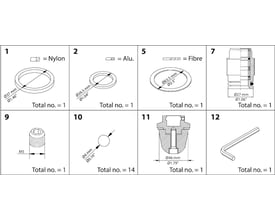 Oversigtsbillede med diagrammer af reservedele til Danfoss REG 50 vedligeholdelsessæt, der viser nylonring, aluring, fiberpakning og værktøj.