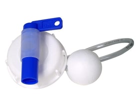 Detaljebillede af Kabi aftapningshane til 60 liters dunk, med fokus på det hvide låg med 70 mm gevind og en blå ventil.