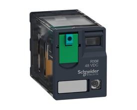 Schneider Electric Zelio RXM stikbensrelæ med 2 CO kontakter og 48V DC spænding, vist med grøn testknap og LED-indikator.