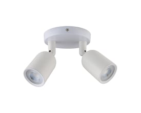 V-Tac VT-897 hvid væglampe med to justerbare spots, GU10 fatninger og rund sokkel.