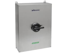 Katko EMC reparationsafbryder i rustfrit stål med 3 poler og hjælpekontakt, 200A, med aflåseligt håndtag og grøn 'SAFETY SWITCH' mærkat.