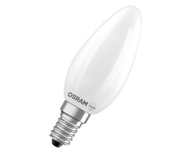 Osram LED kertepære Classic med E14 sokkel, 3,4W effekt og mat hvid overflade med Osram logo.