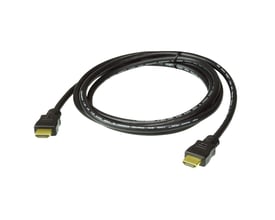 Aten HDMI 2.0-kabel på 5 meter, rullet sammen med sorte ledninger og guldfarvede hanstik i begge ender.