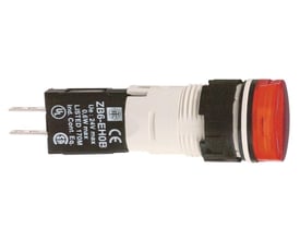 Schneider Electric rød LED signallampe Ø16 mm, model ZB6-EHOB, set fra siden med CE-mærke og tilslutningsstik.