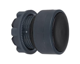 Schneider Electric trykknaphoved ZB5 i sort kunststof med høj krave, Ø 40mm, set fra siden mod en hvid baggrund.