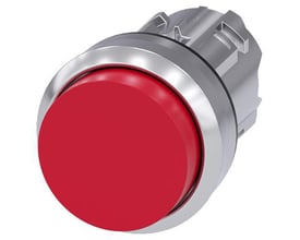 Siemens 22 mm trykknap med rund, skinnende, rød metaloverflade og forhøjet profil, for låsende funktion.