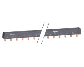 Detaljebillede af Schneider Electric Acti9 sløjfeskinne, der viser de grå isoleringsmaterialer og kobberledere med tilpasningsmarkeringer.