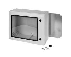 Fibox Arca vægskab med rude, hxbxd 600x800x300, vist med åben dør og synlige monteringsdele.