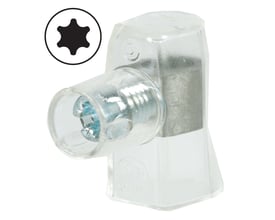 Samlemuffe til 2,5mm² ledninger med Torx T10 skrue, fremstillet af klar plast og metal.