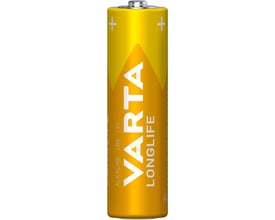 Et enkelt Varta Longlife AA batteri i guld og gul farve med VARTA logo og tekniske detaljer.
