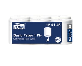 Tork Basic Paper 1 Ply Centerfeed Roll, White. Emballage med 6 stk. aftørringspapirruller på 300 meter hver, system M2.