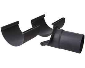 Plastmo justerbart tudstykke i grafitgrå plast til 90mm tagrender, vist med to dele monteret.