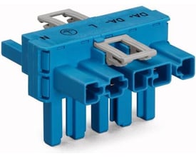 Wago T-stykke 5-p med lås i blå plast, med mærker "N" og "DA-DA-L" for nem identifikation af tilslutninger.