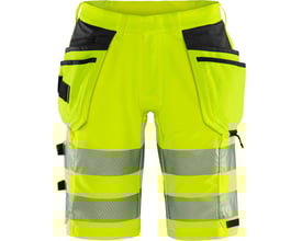 Fristads Green håndværker stretchshorts i Hi-Vis gul og sort, str. C56, med CORDURA-forstærkede lommer og reflekser.