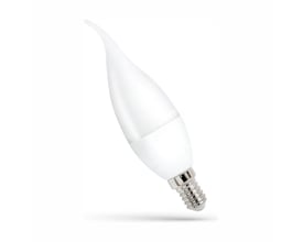 SpectrumLED E14 8W LED-kertepære med hvid, flammeformet top og synlig metalsokkel, set skråt fra siden.