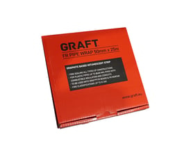 Rød emballage til GRAFT® FR brandpakning, 50 mm x 25 meter, med produktets navn og mål trykt på forsiden.