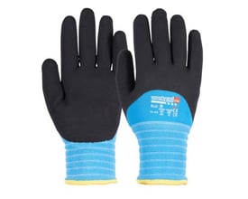 OS Blue vinterhandske i str. 9, med sort overdel, blå manchet og gul kant. Polyester med akrylfor og blå latex-foambelægning.