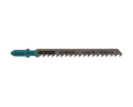 Ironside T101DF-stiksavklinge på 100 mm med tandet klinge, turkisfarvet fæste og synlig Bi-metal-mærkning.