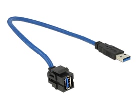 Blåt Delock USB 3.0-keystone-modul med hunstik, 250° vinklet kabel på 50 cm og USB-A-hanstik.