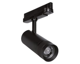 Sort Ledvance Tracklight Spot Zoom-skinnespot med cylindrisk lampehoved, zoomlinse og 3-faset skinneadapter.