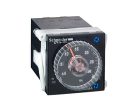 Schneider Electric RE48 tidsrelæ forsinket indkobling 24-240V AC med tydelig urskive og justeringsmuligheder.