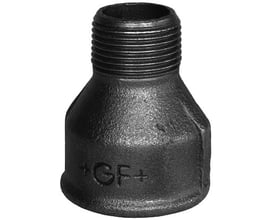 Georg Fischer spidsmuffe 3/8" x 1/4" i sort ubehandlet stål, vist forfra med synligt GF+ logo.