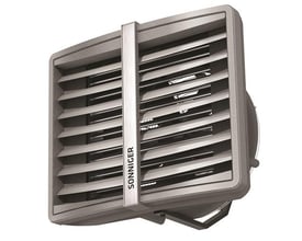 Heater Condens CR3 varmtvannsblæser med Sonniger logo, vist fra forsiden med justerbare lameller og monteringsbeslag.