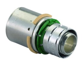Uponor MLC presmuffe 50 x 32 mm i forkromet messing med grøn indikatorring og stopring, klar til brugsvandssystemer.