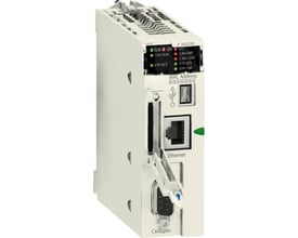Schneider Electric Modicon M340 CPU med CANopen og Ethernet porte, 4096KB RAM, vist forfra med statusindikatorer.