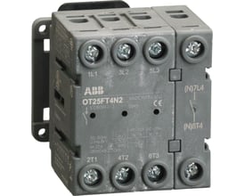 ABB OT25FT4N2 4-polet lastafbryder med mærkestrøm 16A, fremstillet i Finland, med tydelige terminaler og mærkninger.