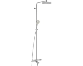 ORAS Optima Style Rain brusesystem i stål med rund hovedbruser, håndbruser, slange og termostatarmatur set forfra.