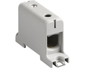 Detaljebillede af Ensto KE62 gennemgangsklemme til 16-95mm² Cu/Al, fremhæver dens grå farve og robuste konstruktion med skrueterminal.