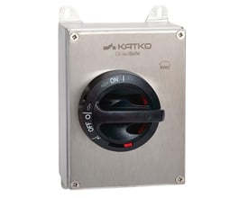 KATKO IsoSafe EMC-isolator i rustfrit stål med sort drejehåndtag, set forfra.