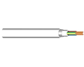Endestykke af NKT 3G1,5 NOAKLX kabel, visende de tre ledere af kobber med PEX-isolation og den beskyttende lysegrå yderkappe.