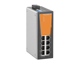 Weidmüller IE-SW-VL08T-8GT industriel switch med otte RJ45-porte, set skråt forfra med orange front.