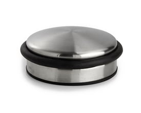 Habo dørstopper i børstet rustfrit stål, Ø101 x 40 mm, med sort gummikant og gummisål.