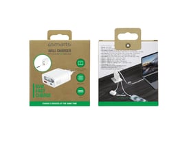 Emballagens for- og bagside med illustration af den hvide 4smarts PDPlug Slim 65 W GaN-vægoplader.