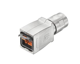 Weidmüller tomt IP67-hus til Industrial Ethernet-stik med sølvfarvet kabinet og orange detaljer, set skråt forfra.