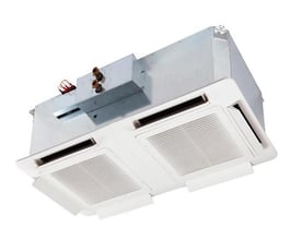Clint TXW 263 4-vejs fancoil med hvidt loftpanel og synlig metalenhed set skråt nedefra.