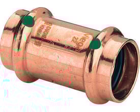 Viega 22 mm Profipress muffe i kobber med grønne mærker, SC-Contur sikrer utæthed ved manglende presning.