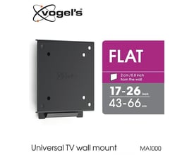 Vogels MA1000 universal fladt vægbeslag til TV 17-26 tommer (43-66 cm), sort, vist med logo og VESA info.