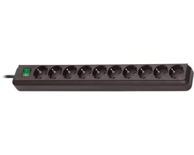 Sort Brennen Eco-Line stikdåse med 10 stikudtag, grøn tænd/sluk-knap og kabel, set skråt forfra.