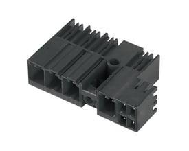 Weidmüller hybrid PCB-forbindelse med fire poler og 90° udgående knæk, set skråt forfra.