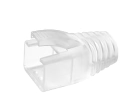 Nærbillede af en Simply45 aflaster til RJ45 stik, viser den gennemsigtige plastkonstruktion og design.