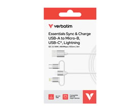Forsiden af emballagen til Verbatim Essentials 3-i-1 USB-A-ladekabel med Micro-B-, USB-C- og Lightning-stik.