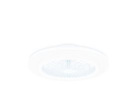Frontvisning af Philips Lighting Amigo loftventilator i hvid plast, monteret på et hvidt loft med blæseren synlig.