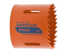 Bahco Sandflex bi-metal-hulsav på 54 mm med orange krop, savtænder og aflange udskæringer, set fra siden.