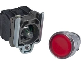Schneider Electric Lampetryk XB4, rød betjeningsknap og monteringsenhed, 24VAC/DC, 22mm diameter, 1NO/1NC kontakt.