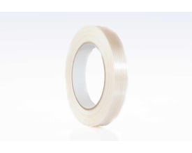 Roliba filamenttape, ligearmeret, klar, 19 mm bred, med 50 meter på rullen. Tapen er transparent med synlige armeringsfibre.