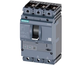 Siemens 3-pole maksimalafbryder 3VA22, 250A, med frontbetjent håndtag og tydelig mærkning af funktioner som Ue, Icu, og strømindstillinger.